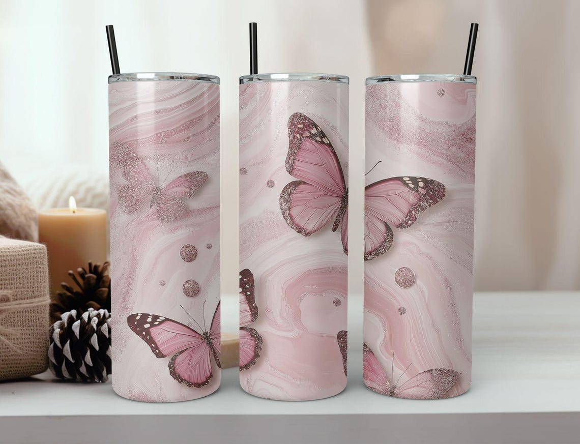 Pink Glitter Butterflies 20 Oz Skinny Tumbler Sublimation Diamond Butterfly Tumbler Designs Watercolor Skinnystraight - Image 6
