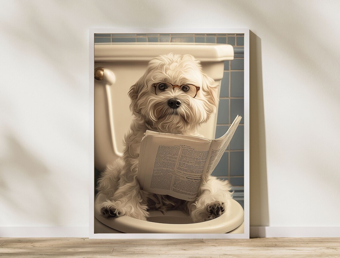 Funny White Dog Reading Newspaper on Toilet Vintage Bathroom Poster - Image 8