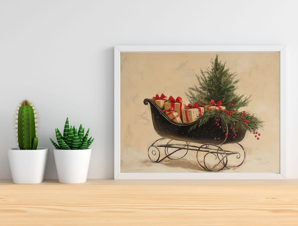 Vintage Christmas Sleigh with Gifts and Tree Rustic Holiday Poster - Image 2