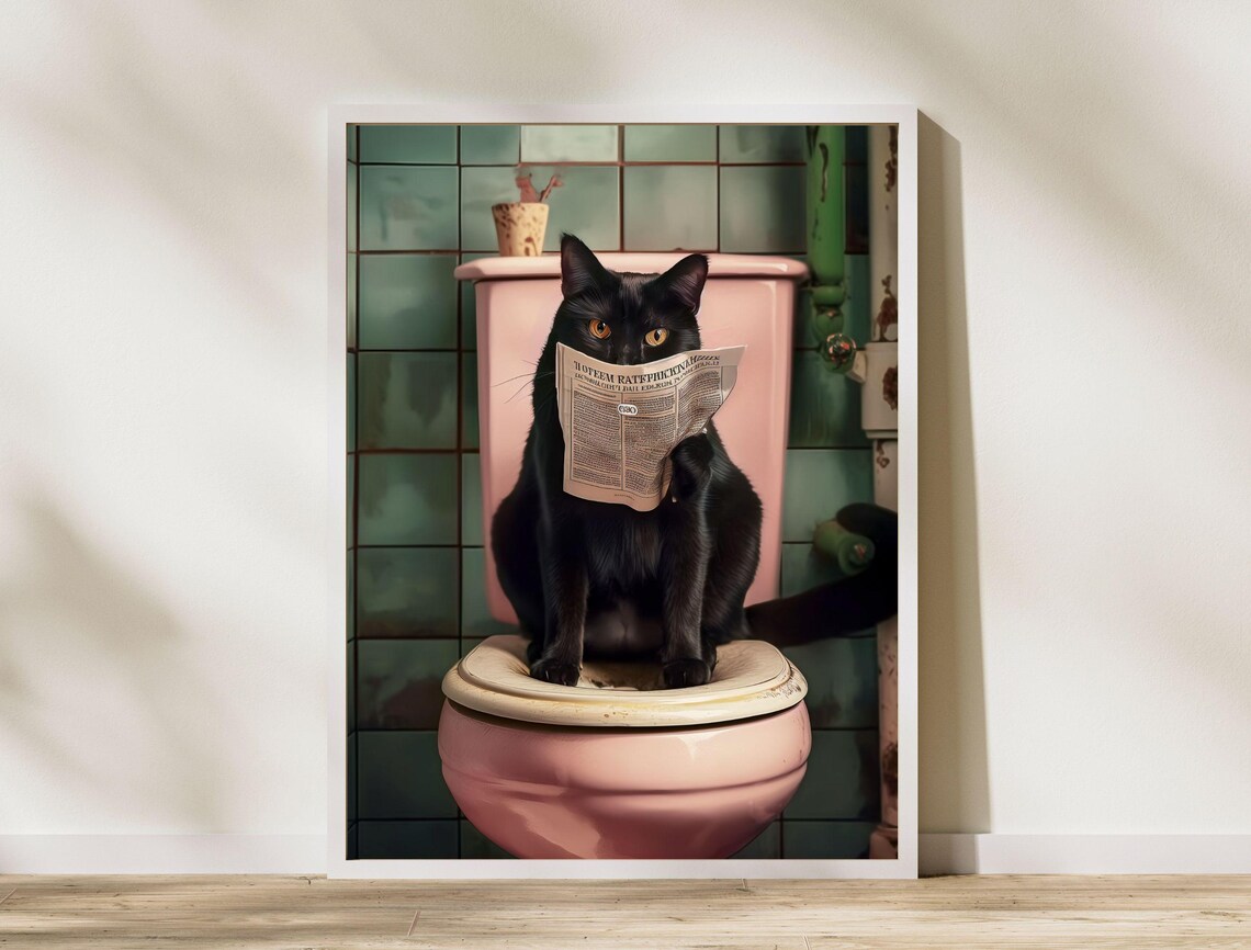 Funny Black Cat Sitting on Toilet Reading Newspaper Bathroom Poster - Image 6