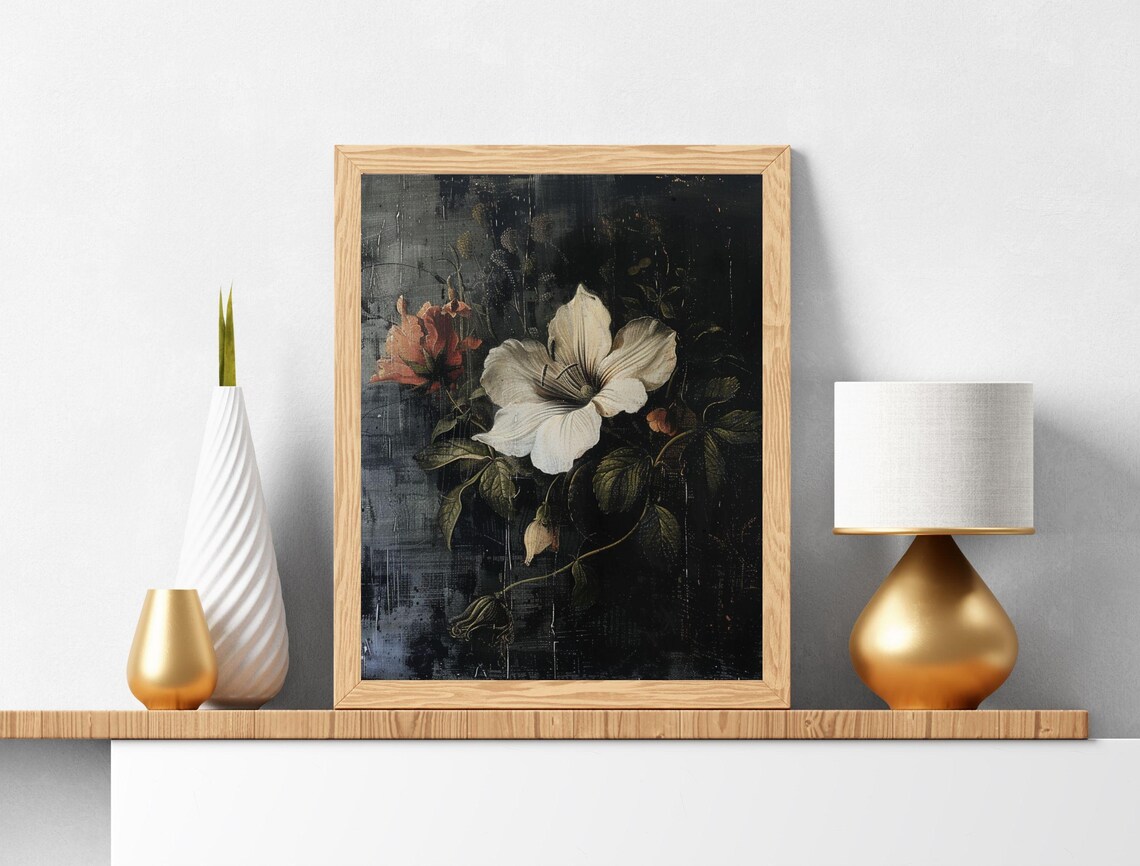 Dark Moody White Lily Bloom Vintage Floral Oil Painting Art Print - Image 2