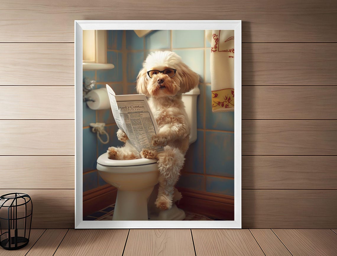 Funny Fluffy Dog with Glasses Reading Newspaper Bathroom Poster - Image 8