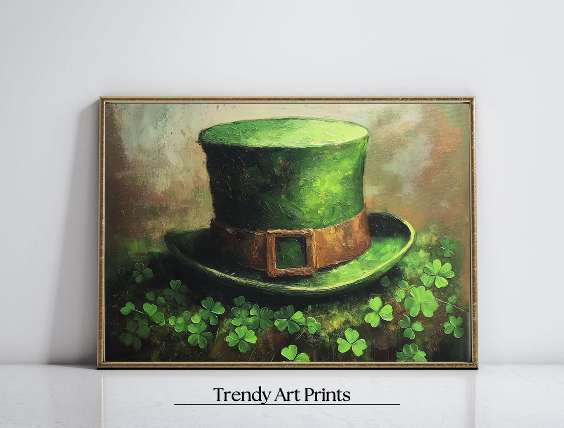 Lucky Green Leprechaun Top Hat Shamrock Field Irish Art Print