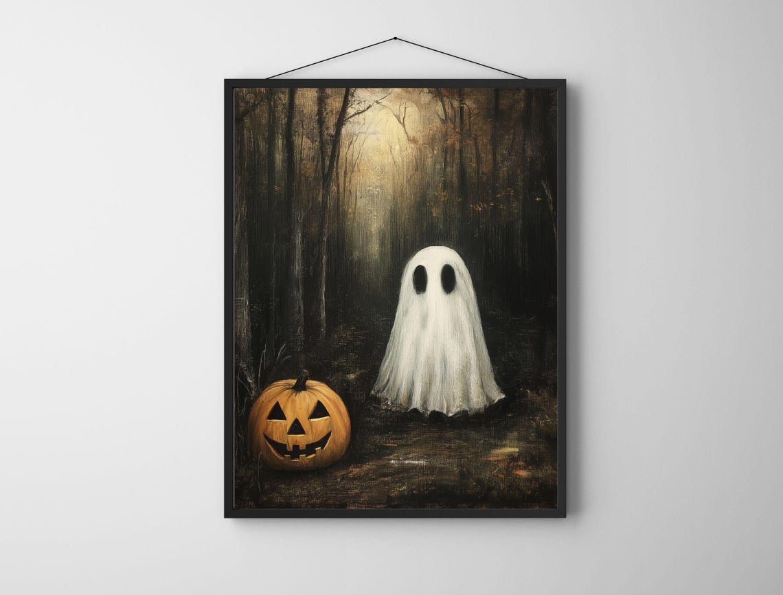 Ghost with Jack O Lantern in Dark Forest Halloween Art Poster - Image 5
