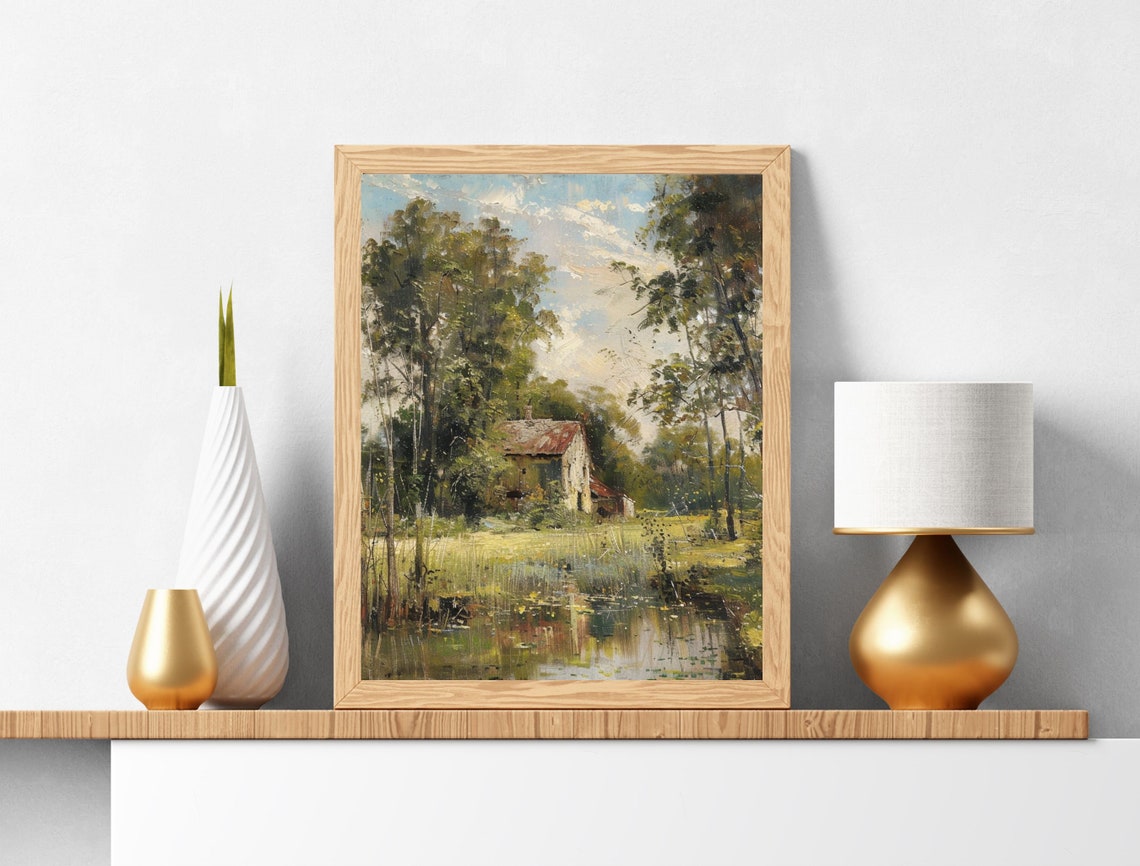 Wildflower Field Landscape Oil Painting Vintage Farm House Art Country Field Landscape Oil Painting - Image 2