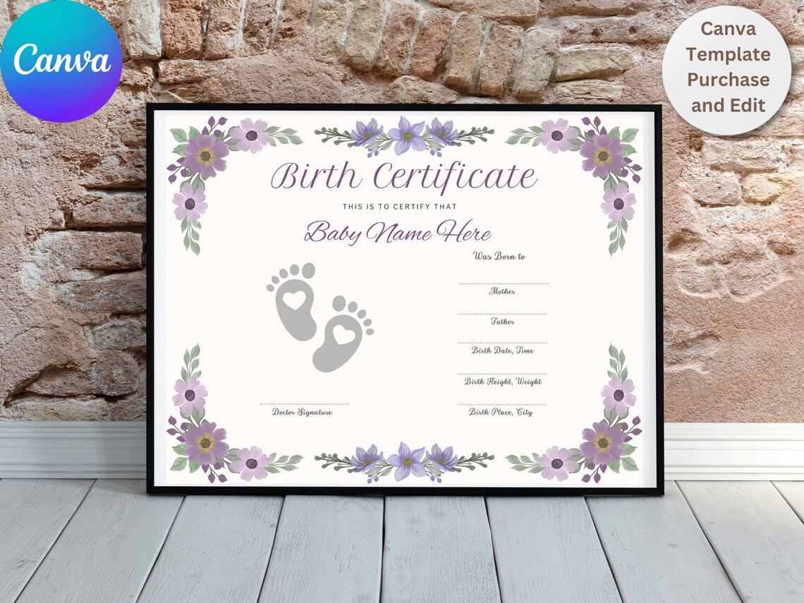 Baby Birth Certificate Keepsake Floral Template Footprint Print