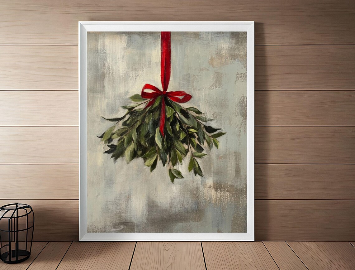 Hanging Mistletoe Sprig With Red Ribbon Minimalist Christmas Poster - Image 3