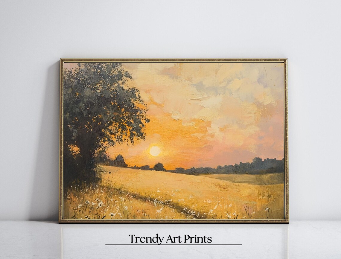 Warm Golden Sunset Field Tree Oil Painting Landscape Art Print - Image 7