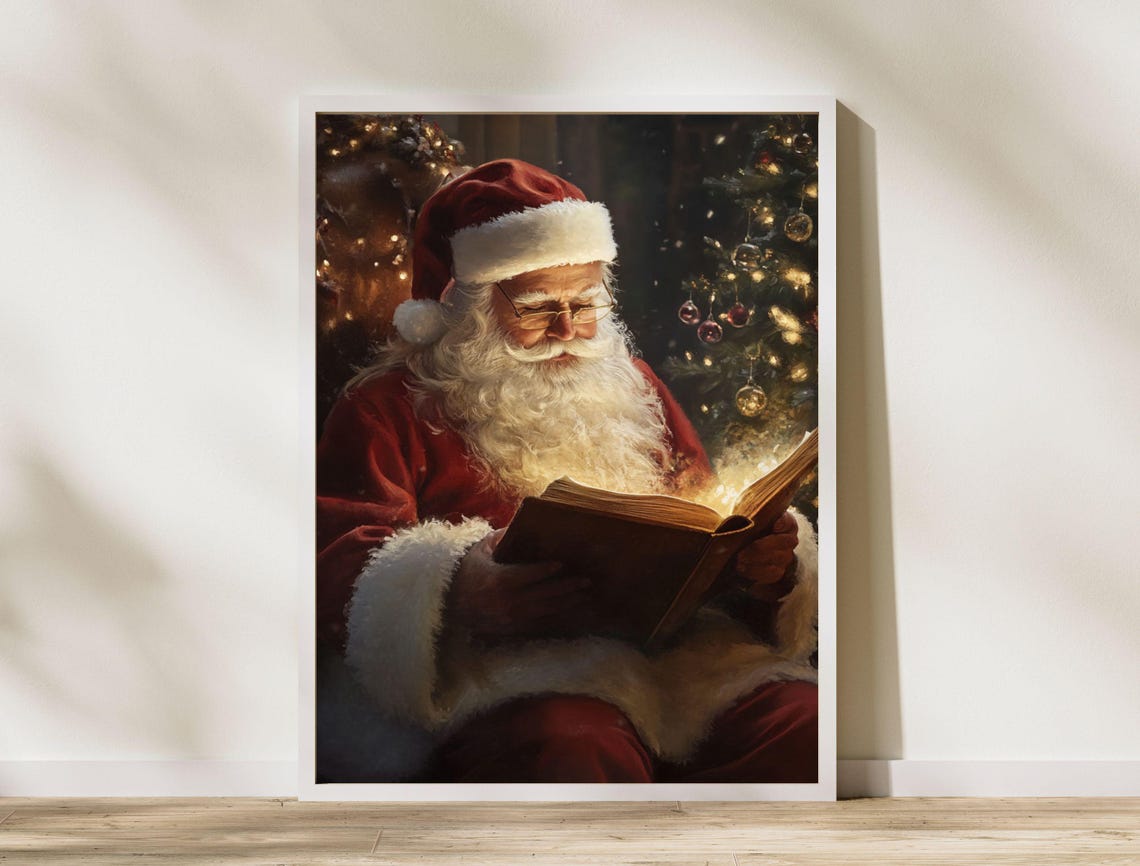 Santa Claus Reading Glowing Book by Christmas Tree Cozy Art Poster - Image 8