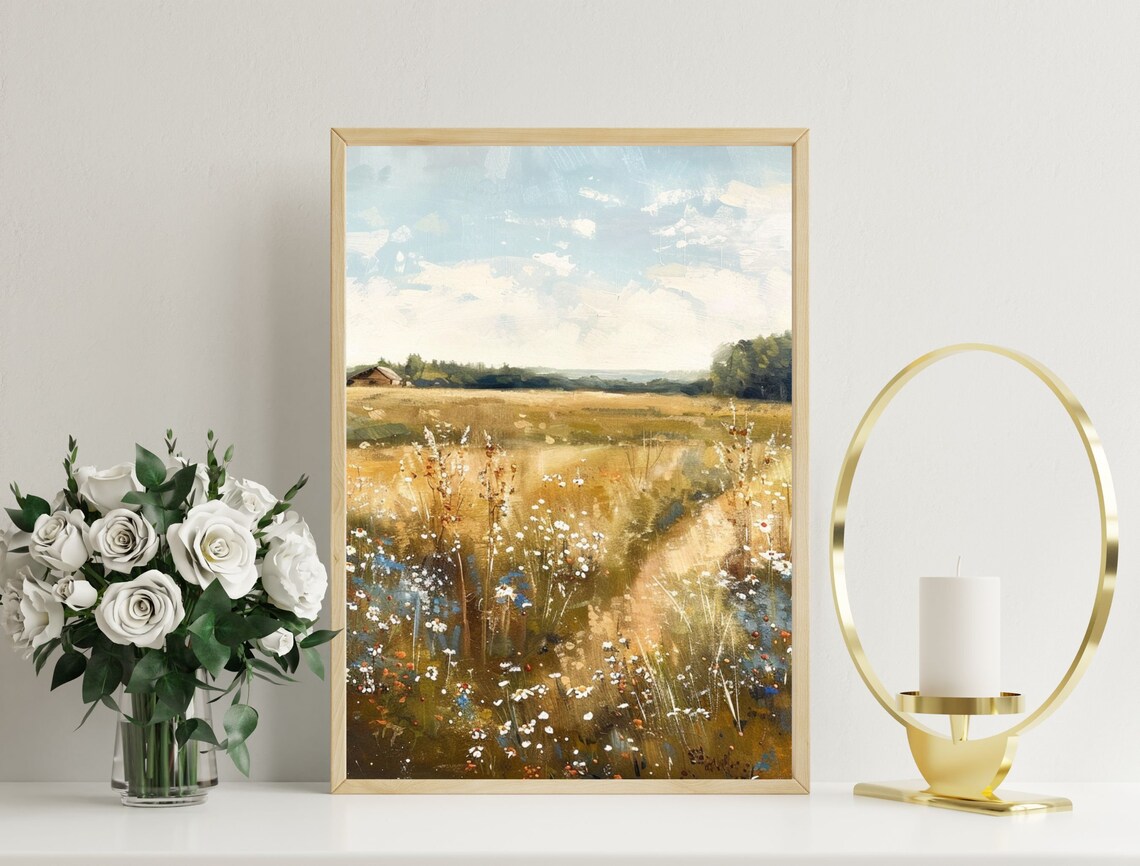 Vintage Golden Meadow Wildflower Landscape Oil Painting Print - Image 2