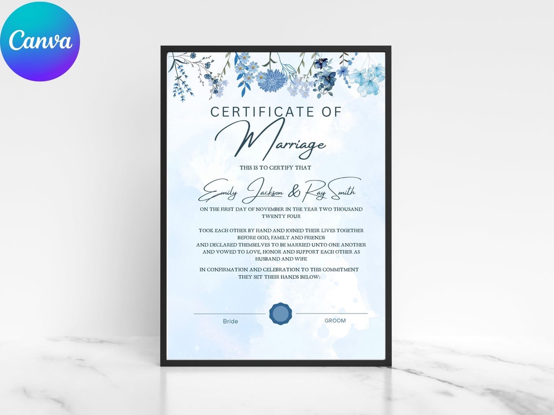 Marriage Certificate Template Blue Floral Watercolor Keepsake Print