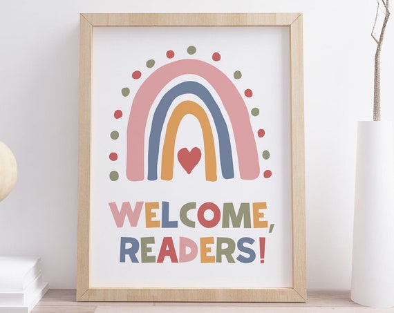 Welcome Readers Print Reading Corner Rainbow Poster Boho Classroom Decor Playroom Wall Art Kids Room Sign Instant