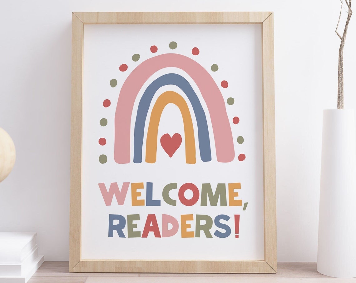 Welcome Readers Rainbow Heart Boho Nursery Library Classroom Poster