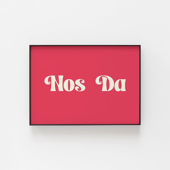 Nos Da Welsh Good Night Print Retro Pink Bedroom Wall Decor Art