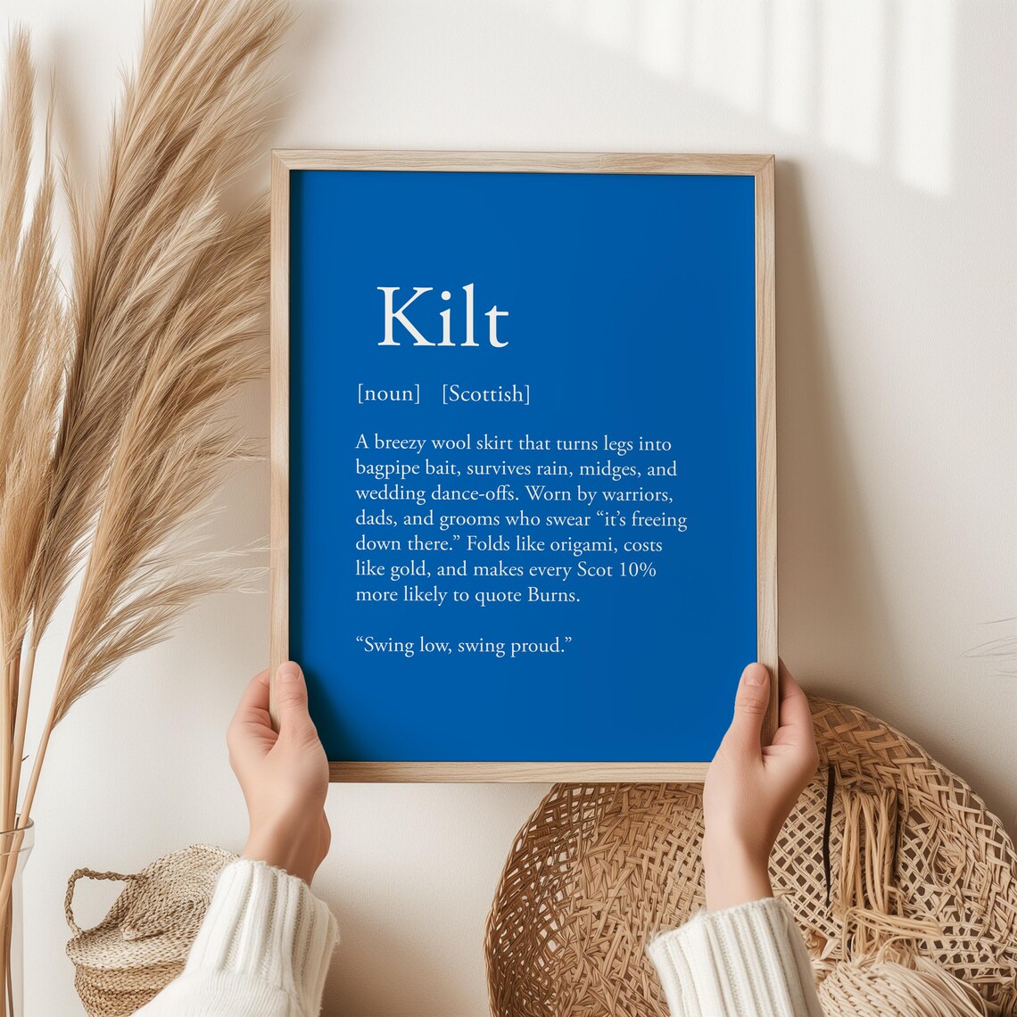 Kilt Scottish Definition Funny Word Meaning Blue Background Art Print