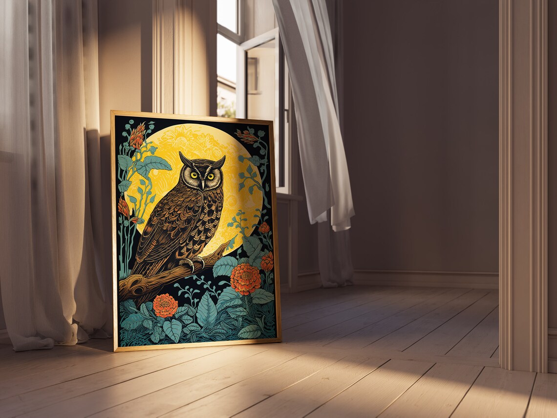 Owl And Flowers Under Moonlight, Vintage Block Print - Image 4