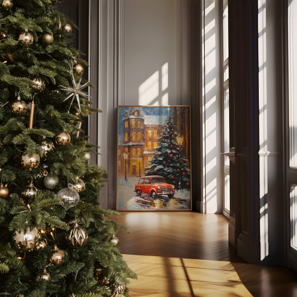 Snowy Christmas City Street Red Car and Decorated Tree Art Print - Image 3