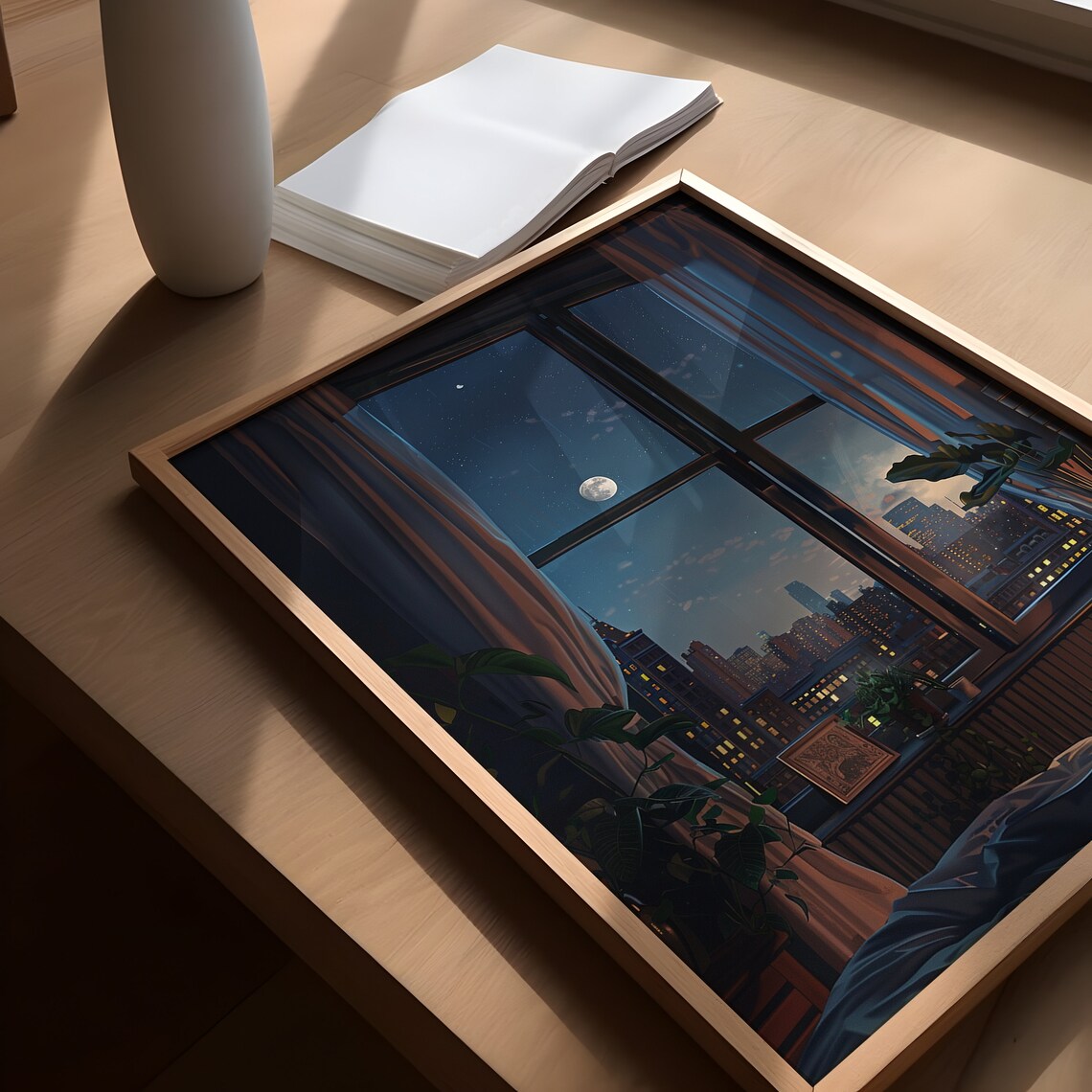Nightfall View of the City Through a Window Art Print - Image 4