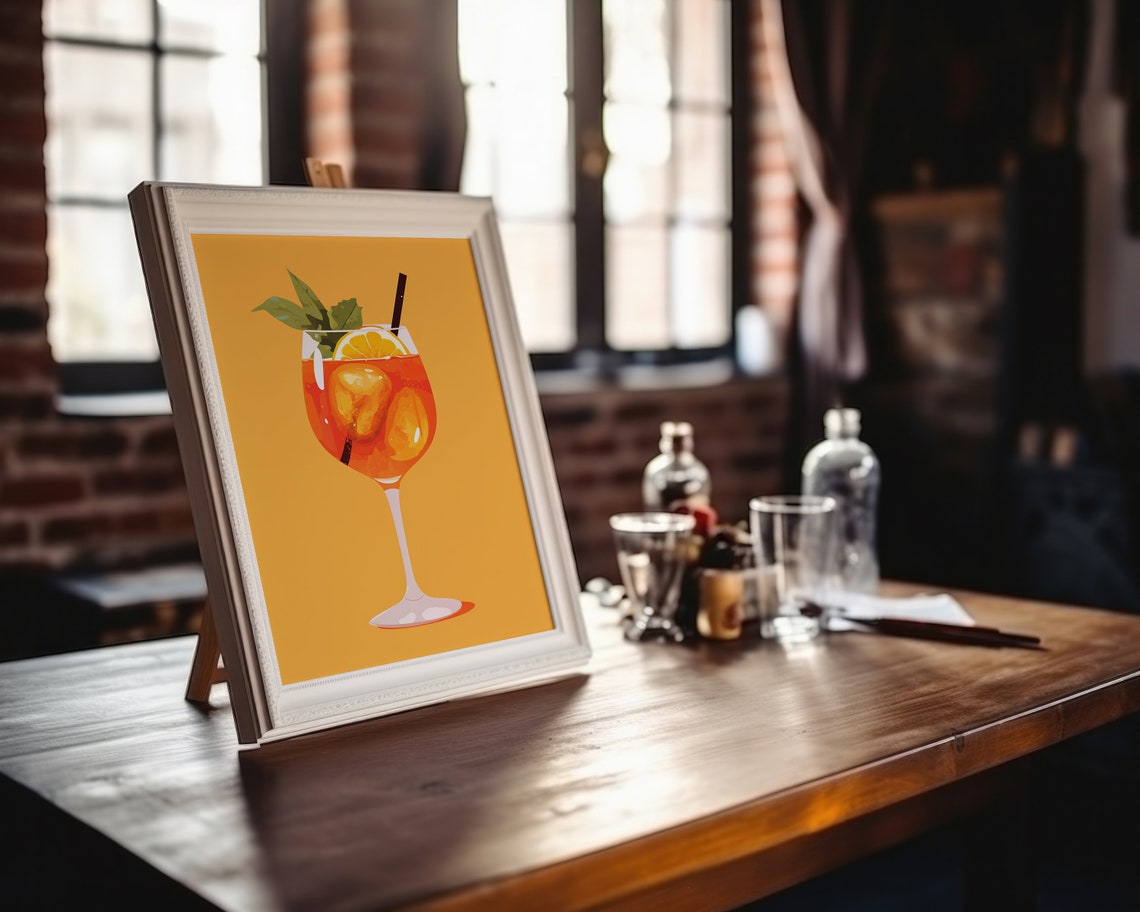 Retro Minimalist Aperol Spritz Orange Cocktail on Yellow Art Print - Image 3