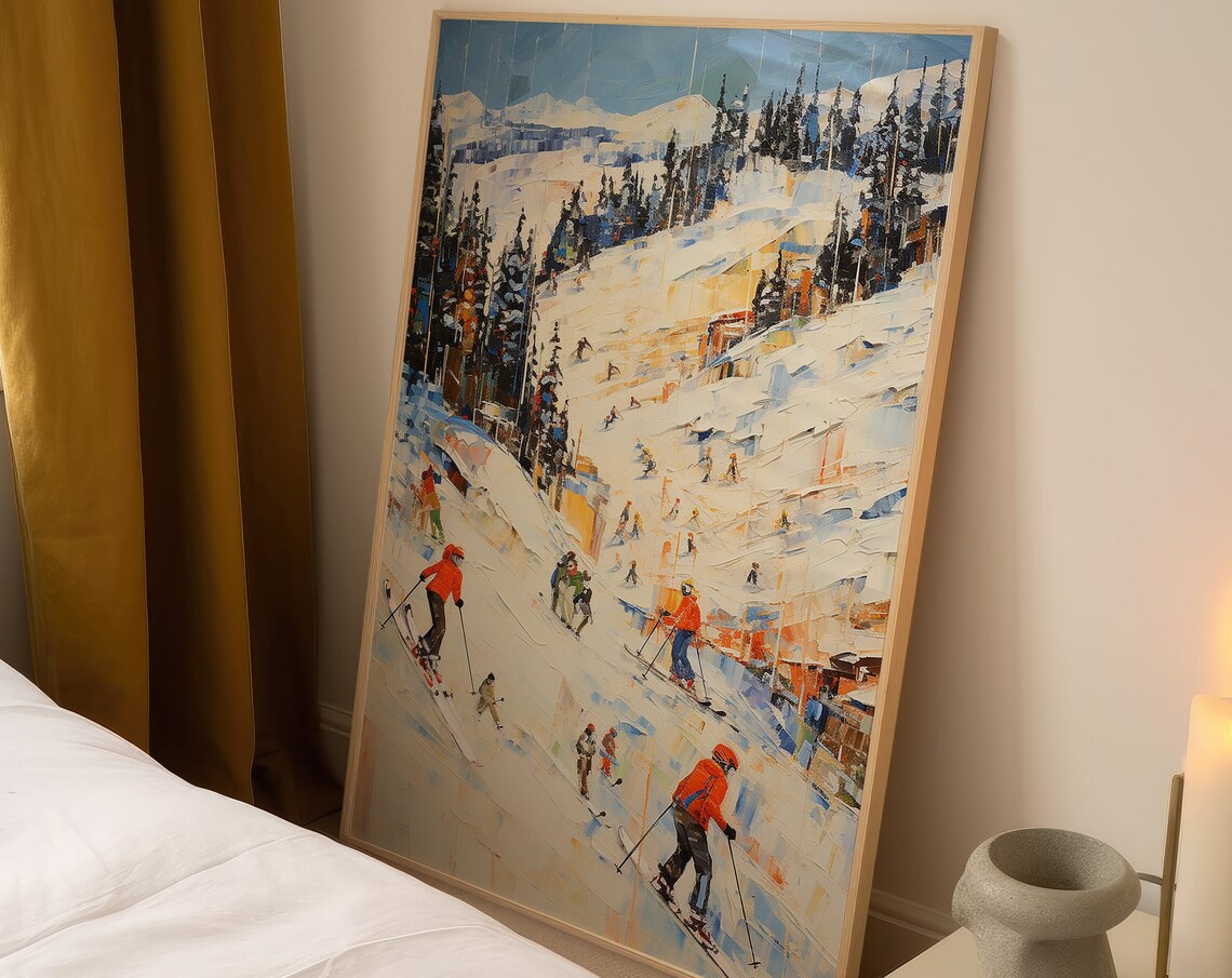 Skiers on Snowy Mountain Slope Colorful Impasto Painting Poster