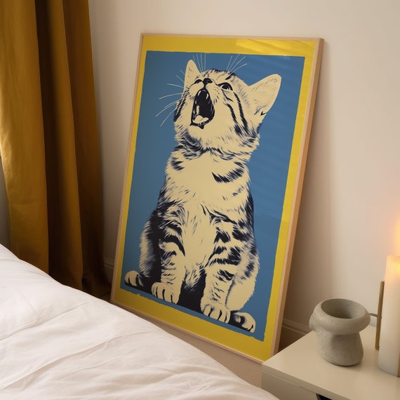 Roaring Cat Retro Art Print, Eclectic Kitten