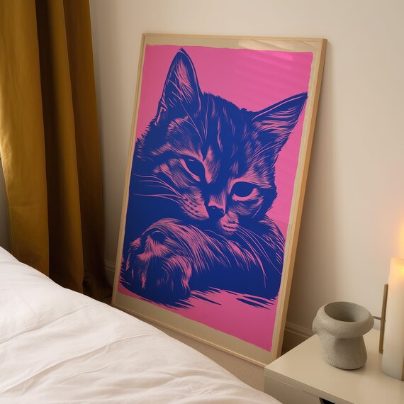 Sleepy Kitten Face in Pink and Blue Bold Pop Art Portrait Poster