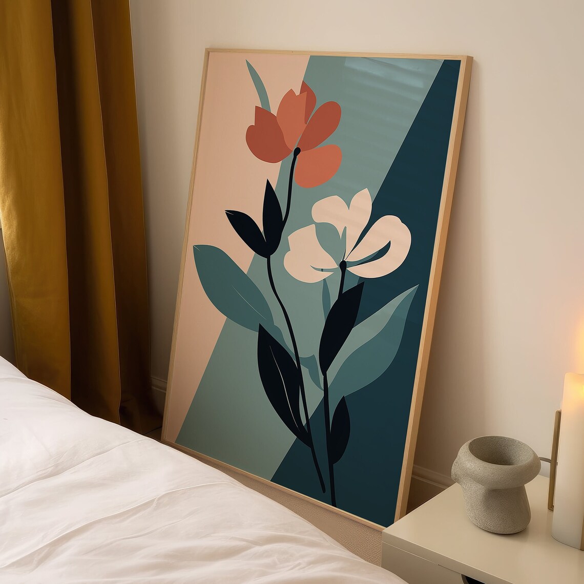 Matisse Inspired Retro Floral Print Terracotta Cream Bloom Teal Background