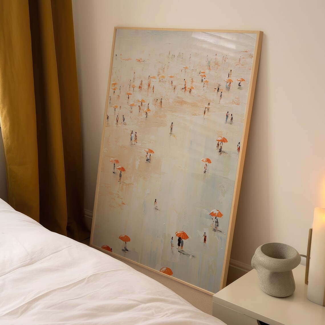 Beach Crowds With Orange Umbrellas Impressionist Oil Art Poster