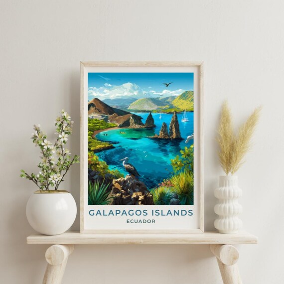 Galapagos Islands Ecuador Travel Poster Tropical Cove Vintage Decor