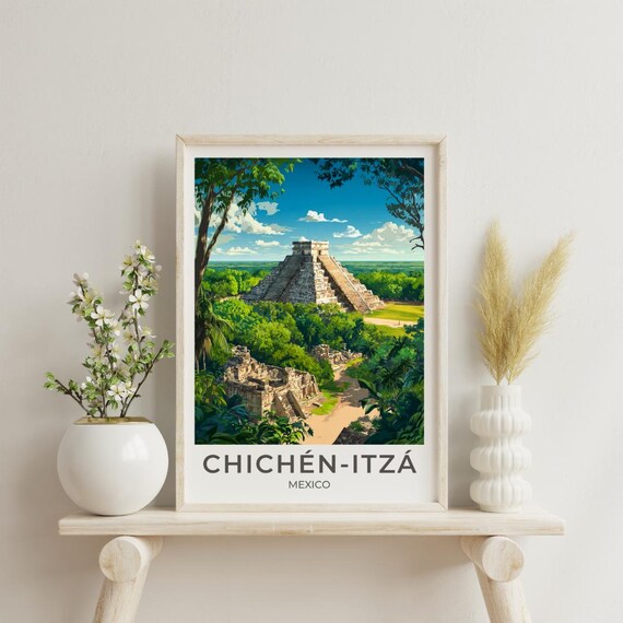 Chichen Itza Mexico Mayan Pyramid Vintage Travel Poster Jungle Ruins