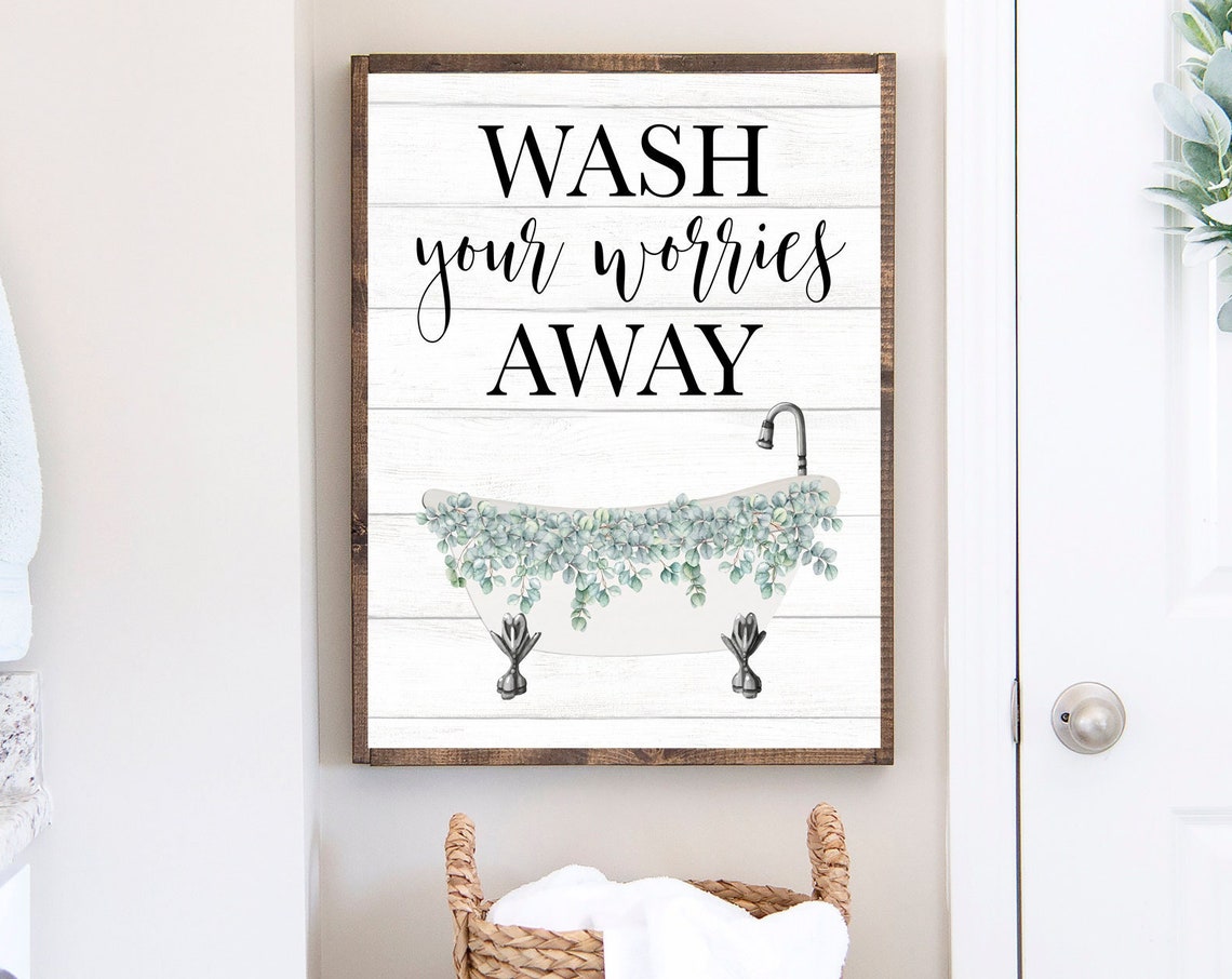 Wash Your Worries Away White Clawfoot Bathtub With Eucalyptus Print