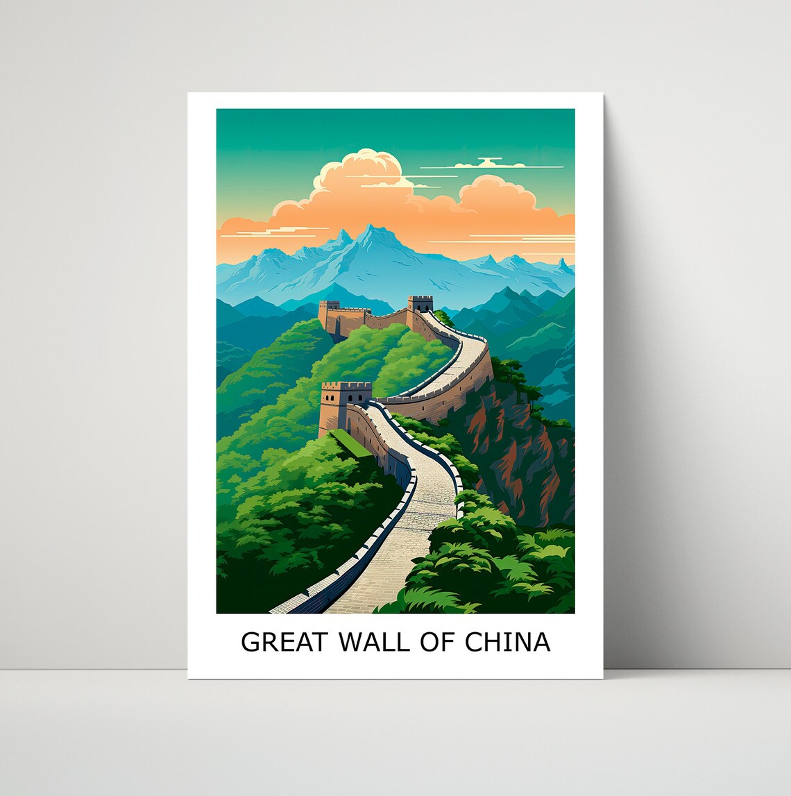 Great Wall of China Winding Ridge Mountain Peaks Vintage Travel Poster