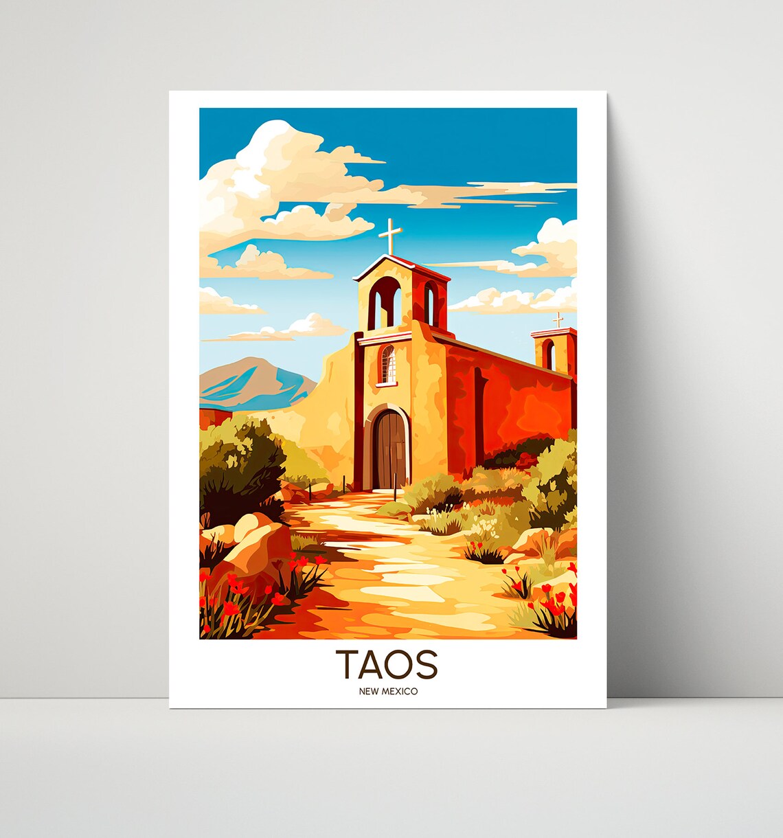 Taos New Mexico Adobe Church Desert Landscape Illustrated Travel Poster