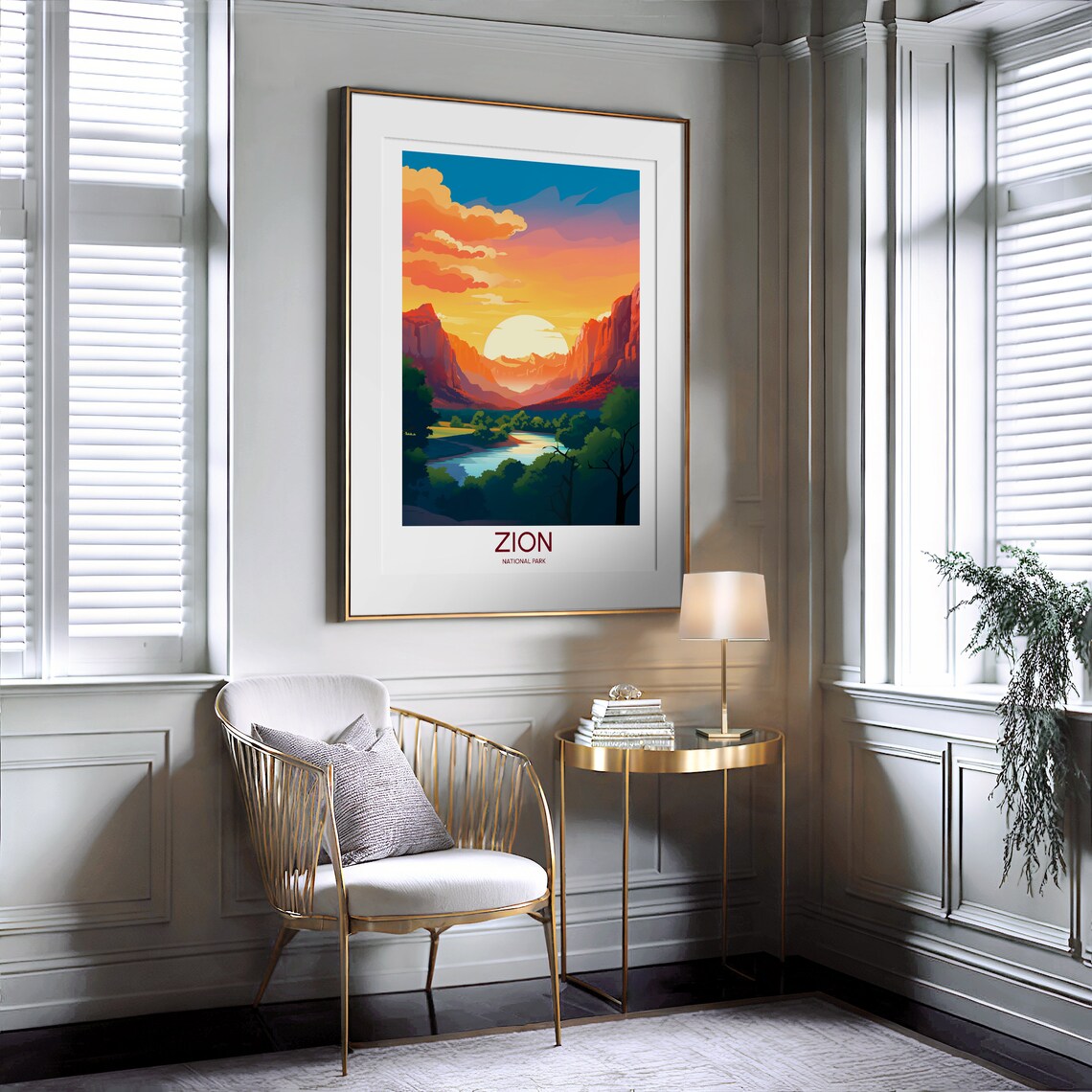 Zion National Park Glowing Sunset River Bend Canyon Walls Travel Poster - Image 2