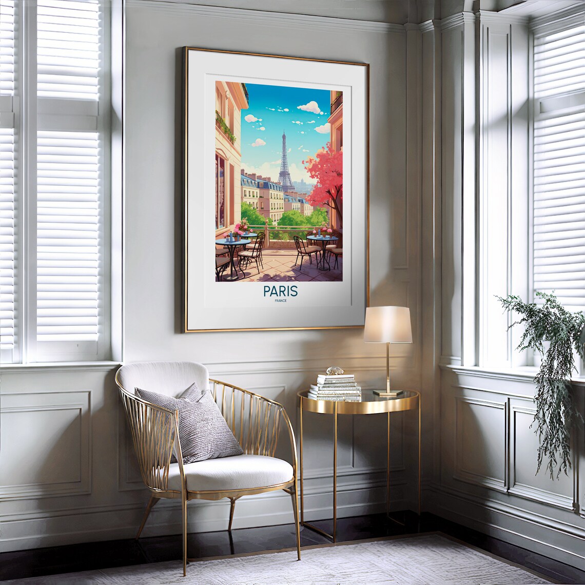 Paris France Sunny Eiffel Tower Cafe Terrace Spring Travel Poster - Image 2