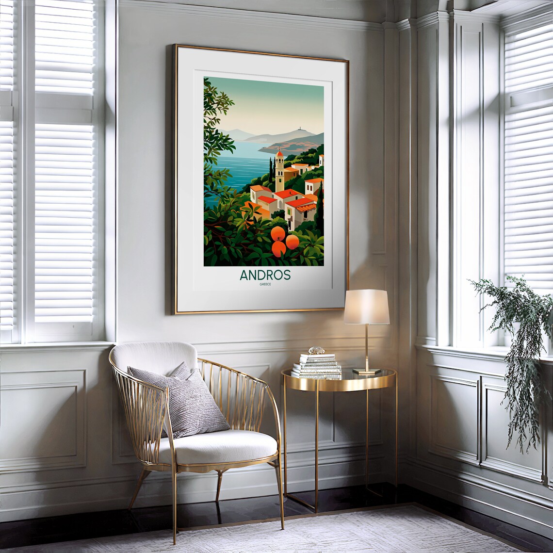 Andros Greece Hillside Village Orange Trees Illustrated Travel Poster - Image 2