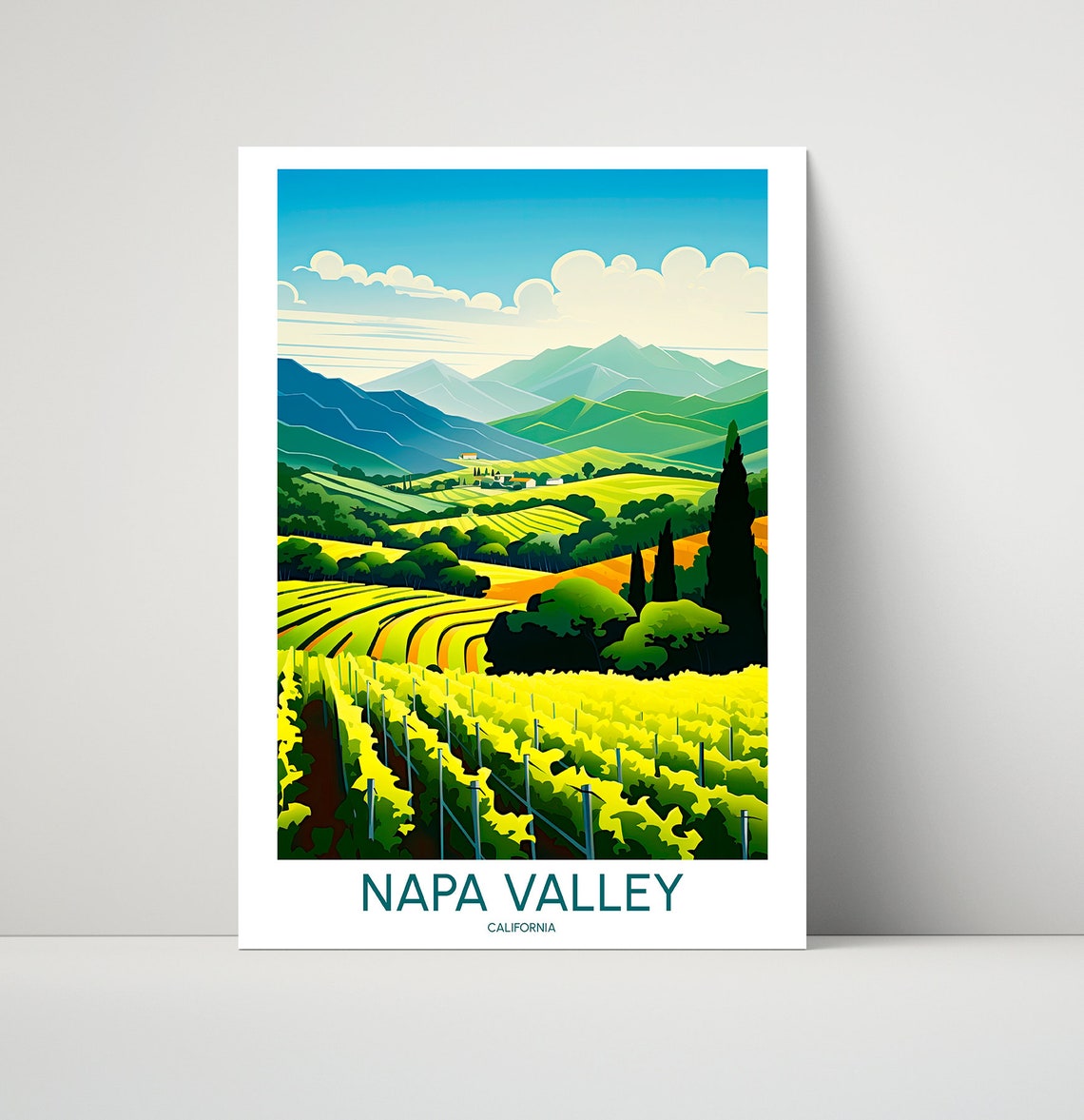 Napa Valley California Rolling Vineyard Hills Illustration Poster