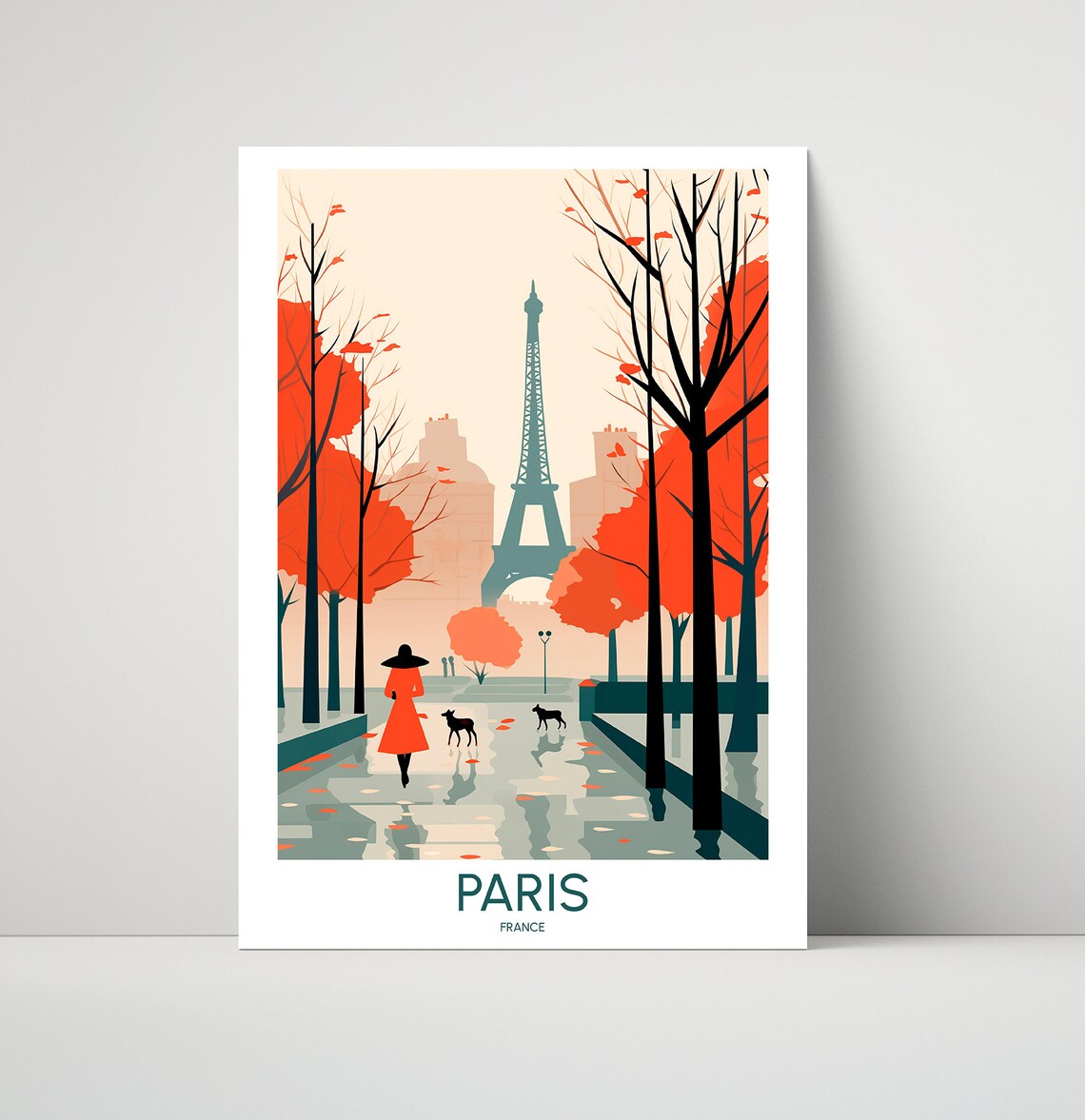 Paris France Autumn Woman in Red Eiffel Tower Promenade Poster