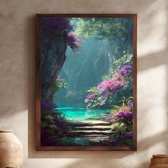 Magical Forest Lagoon Wall Art Print Fantasy Nature Landscape Painting Enchanted Waterfall Path Decor