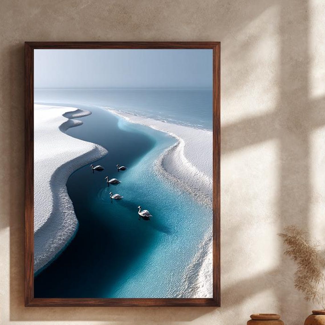 White Swans In A Frozen Blue River Aerial Winter Nature Poster