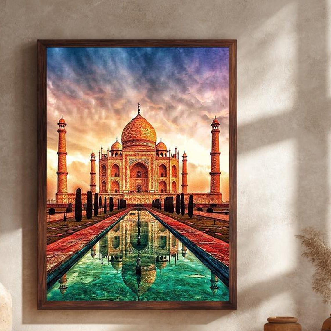 Taj Mahal With Mirror Reflection Under Dramatic Sunset Poster