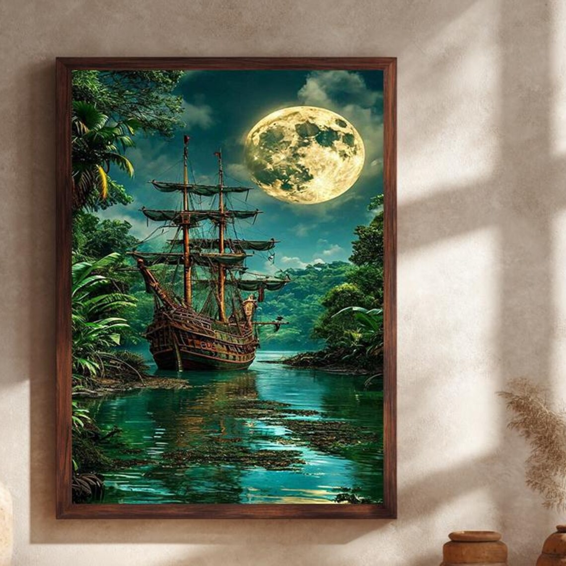 Moonlit Pirate Ship, Nautical Adventure Art Print