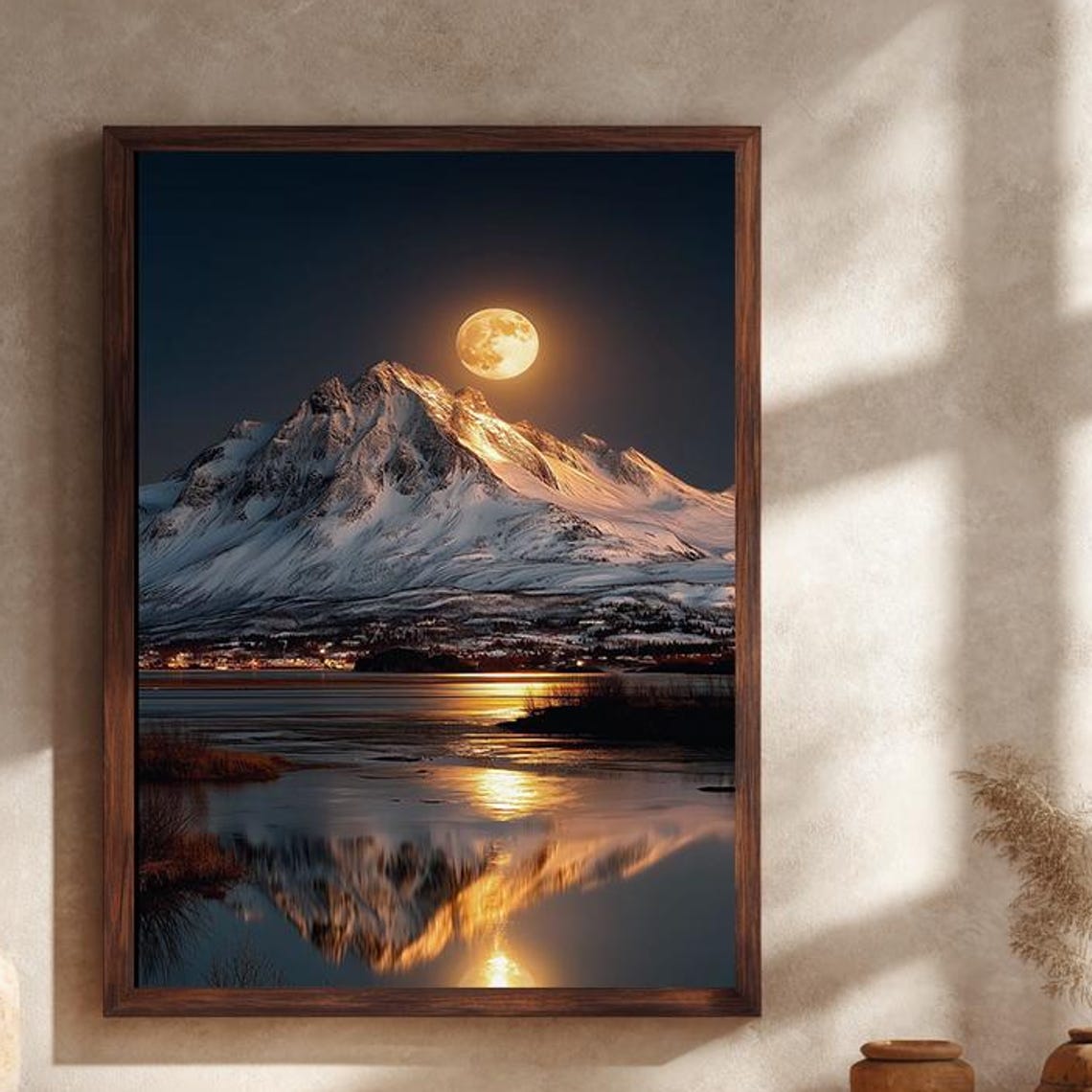 Golden Full Moon Rising Over Snowy Mountains And Lake Poster