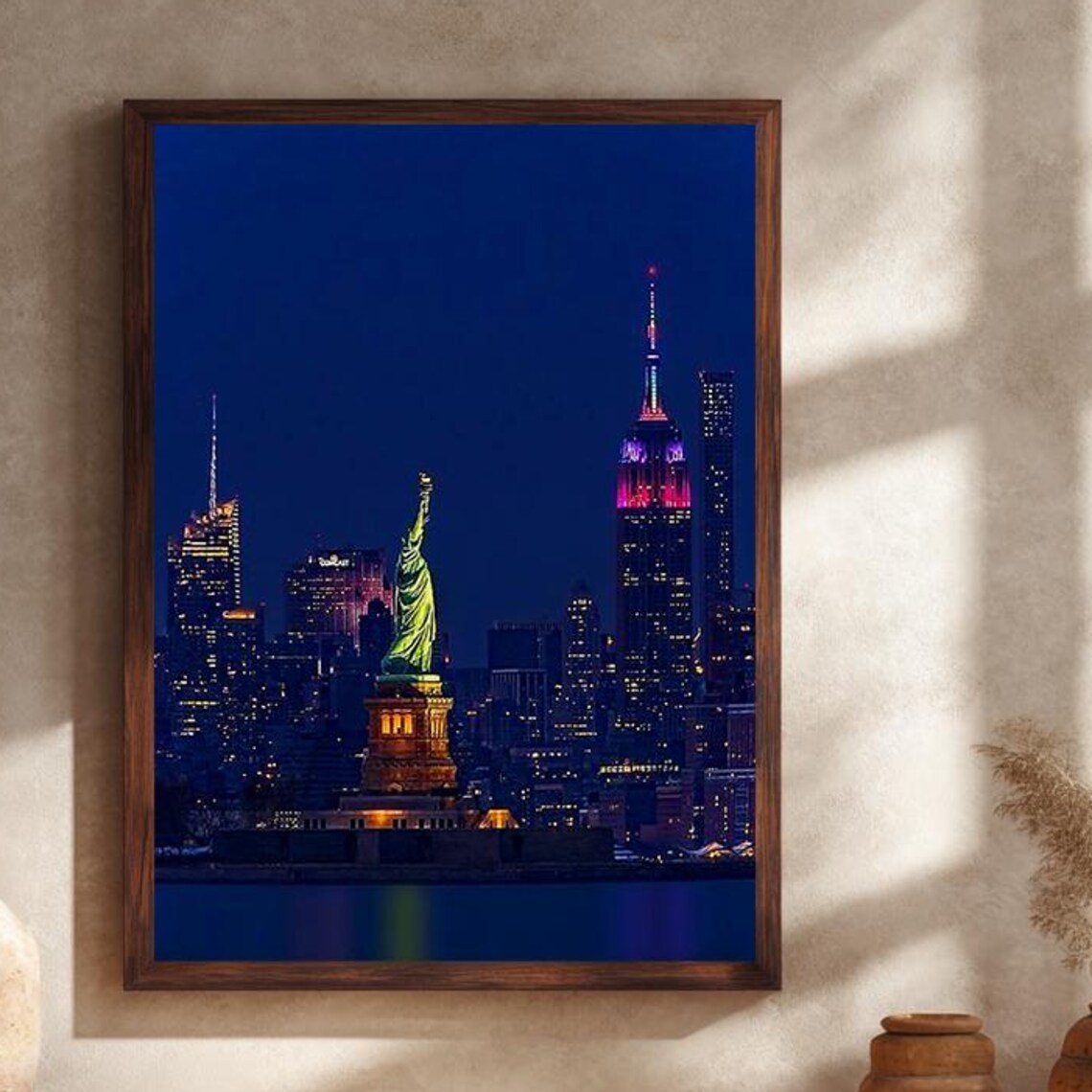 New York City Night Skyline Statue of Liberty Illuminated Poster