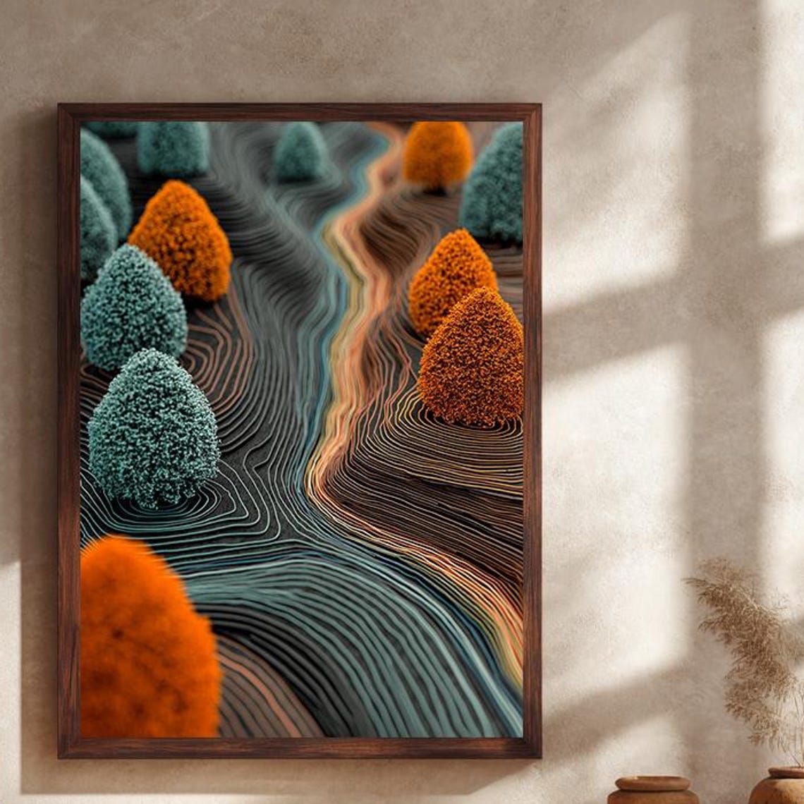 Orange Teal 3D Textured Abstract Nature Landscape Modern Wall Art