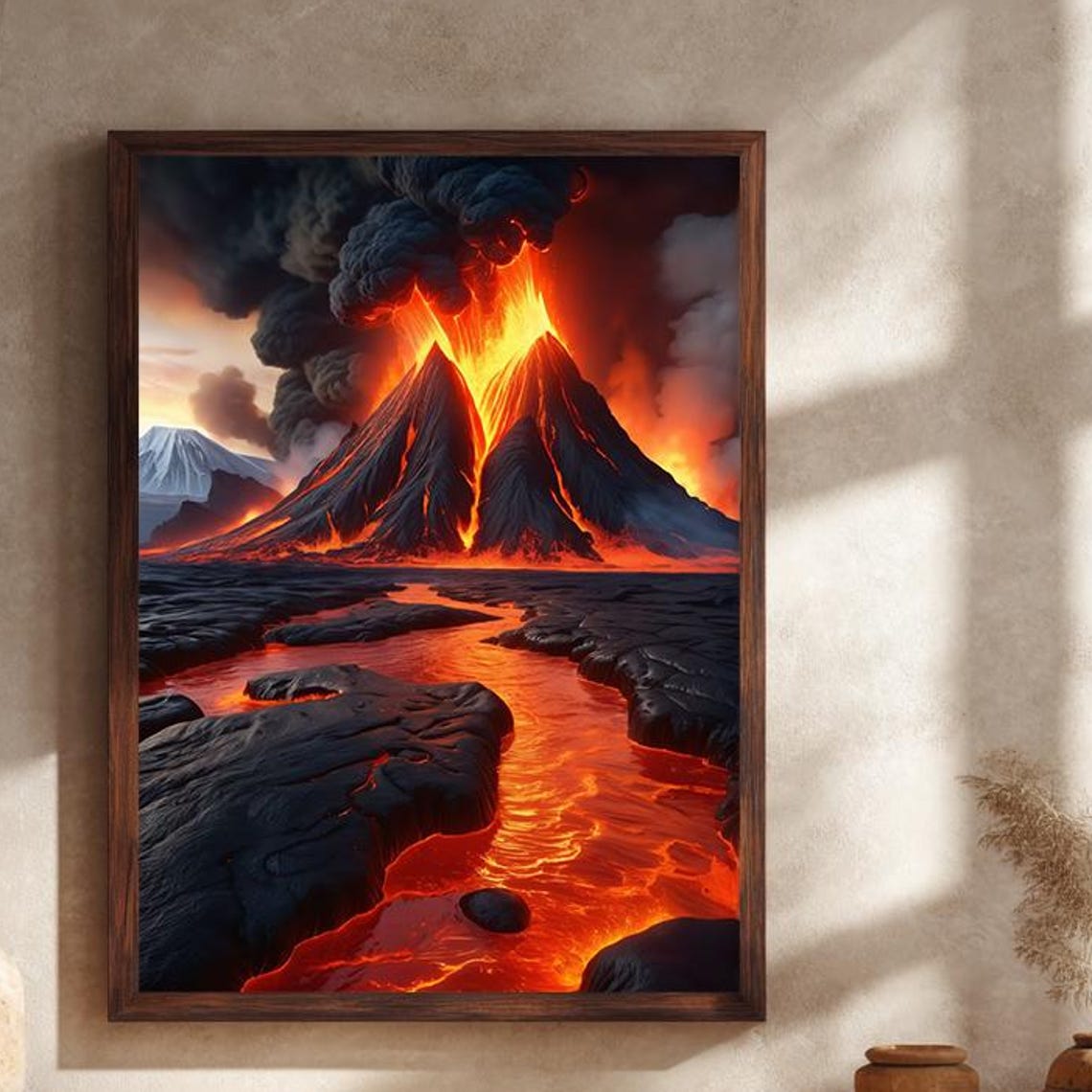 Dramatic Night Volcano Eruption With Glowing Lava River Poster