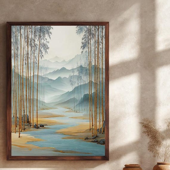 Zen Bamboo Forest River With Misty Blue Mountain Peaks Poster