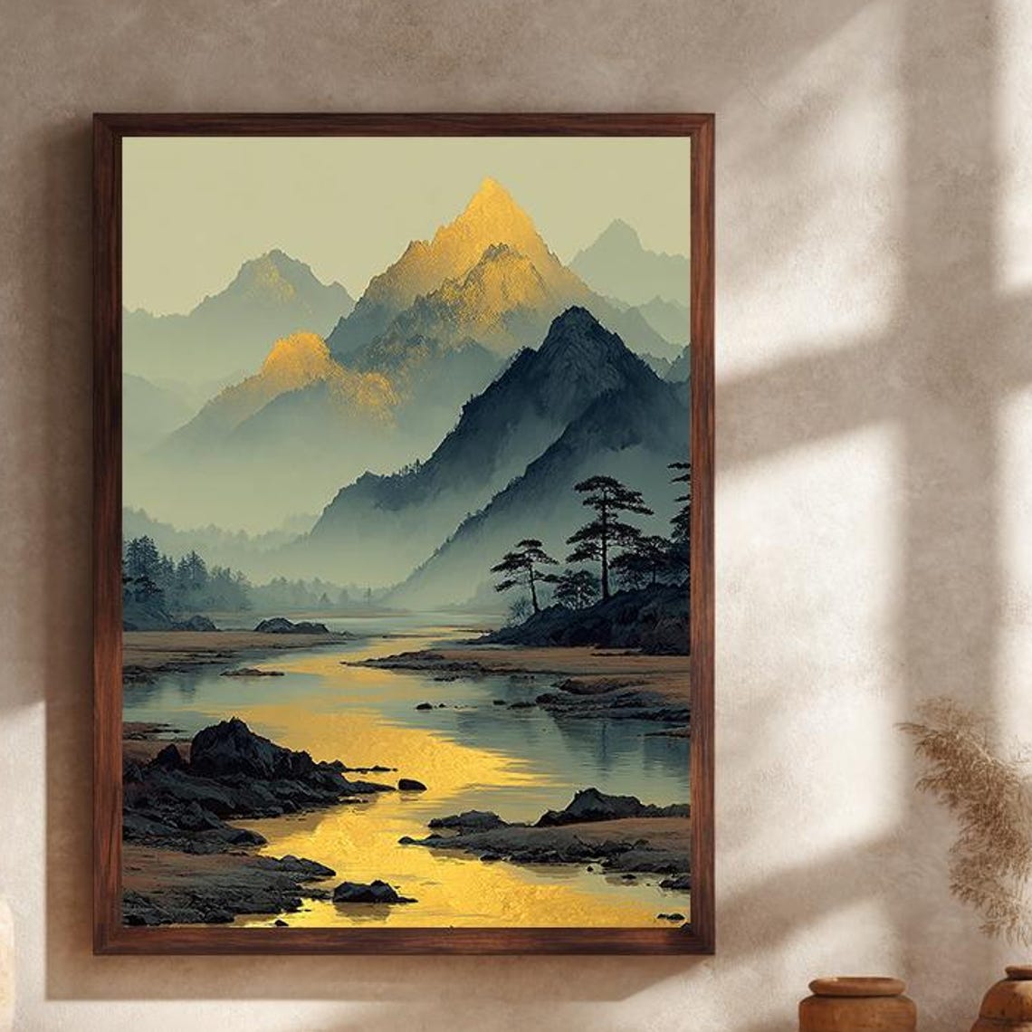 Golden Mountain River Misty Forest Valley Asian Landscape Poster