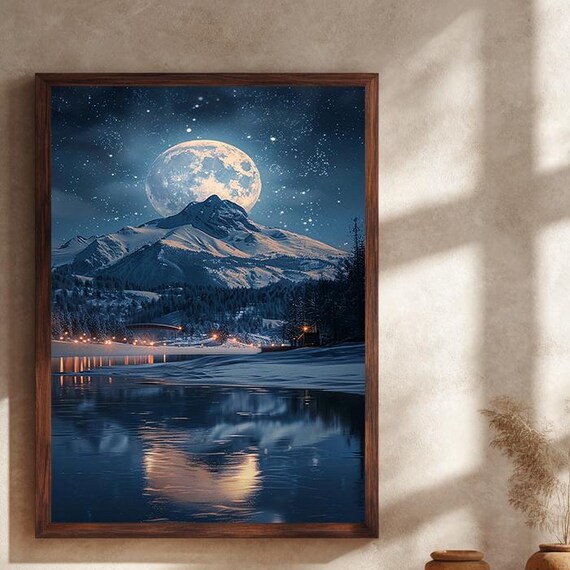 Moonlit Snowy Mountain Canvas Wall Art Print With Lake Reflection And Starry Night Sky Winter Full Moon Landscape Home Decor