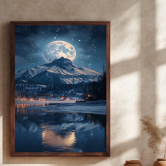 Snowy Peak Full Moon Lake Shore Village Lights Winter Night Poster